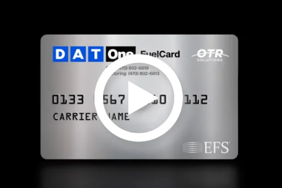 Play button overlay on an image showing DAT One Fuel Card with OTR Solutions logo and EFS logo, displayed on a black background.